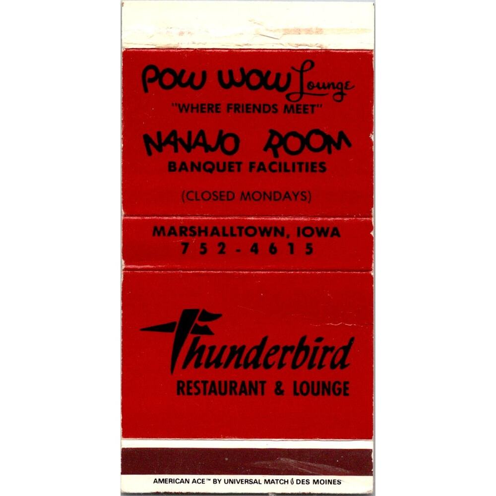 Thunderbird Restaurant & Lounge Marshalltown Vintage Matchbook Matchbox SMM21-2